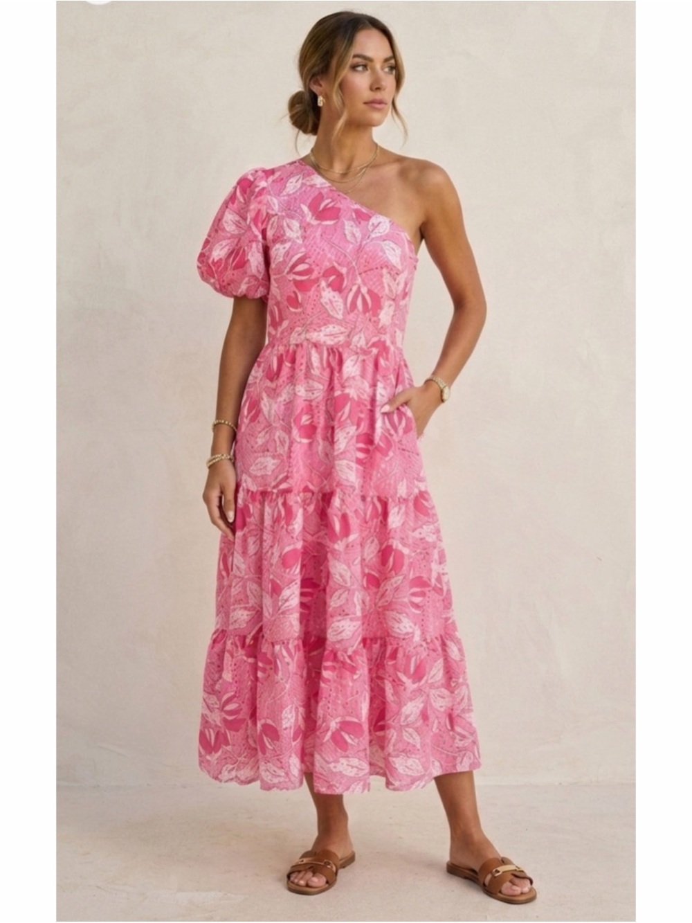 J.Marie One Shoulder Floral Tiered Maxi Dress M